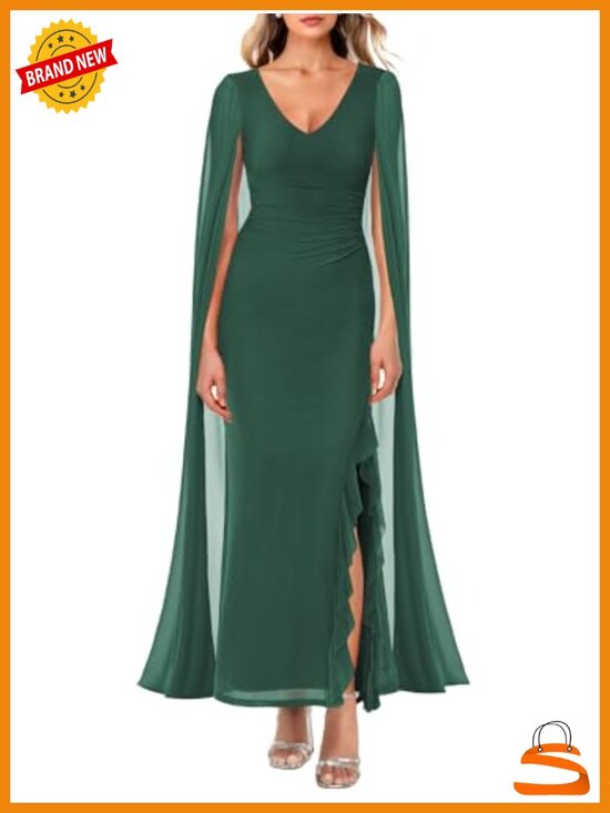 Dresses & Skirts - V Neck High Split Maxi Dress with Cape Sleeve Formal Evening Gown